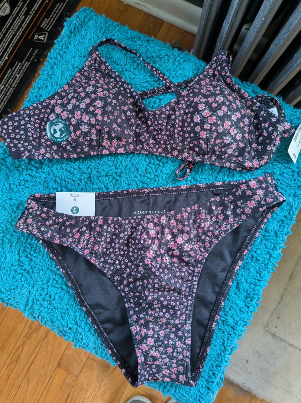 Aeropostale Black Bikini with Pink Floral Pattern